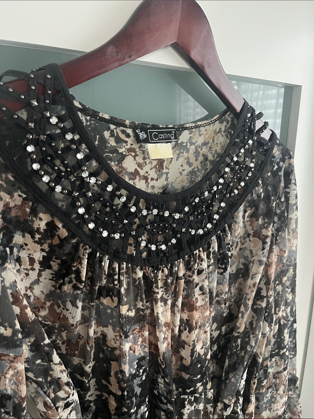 Vintage Casting Women's Beaded Black & Brown Printed Blouse